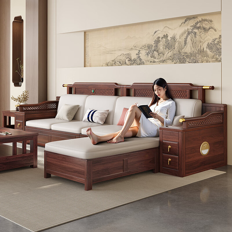 Dynasty Yijing ebony solid wood sofa new Chinese style sofa for winter and summer use modern Chinese sofa living room 2026 new furniture double seat combination high box storage model (imported ebony wood)