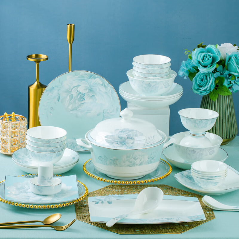 Meiyuan 2024 new style bowl and dish set for home Jingdezhen Chinese style light luxury housewarming ceramic bowls and chopsticks tableware plates 38-piece moonlight peony soup bowl configuration