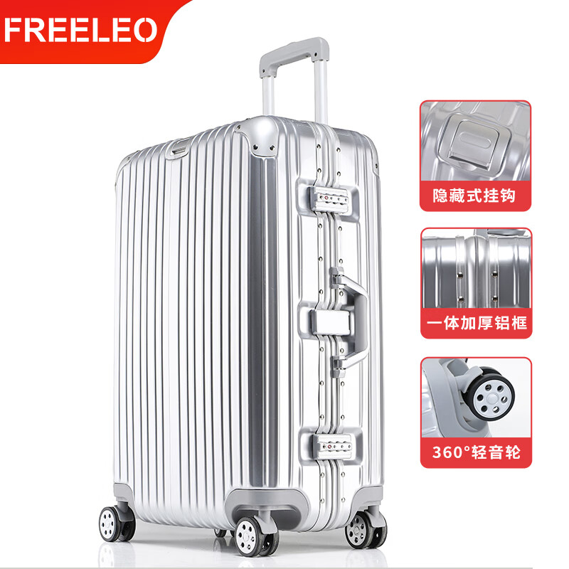 FREELEO Aluminum Frame Trolley Case Men's Multi-Function Luggage Women's Light Sound Universal Wheel Travel Bag Student Password Case Leather Case Classic Model Beautiful Silver Gray Integrated Aluminum Frame Hidden Bag Function 24 Inch Gold Size/School/Business Trip/Travel
