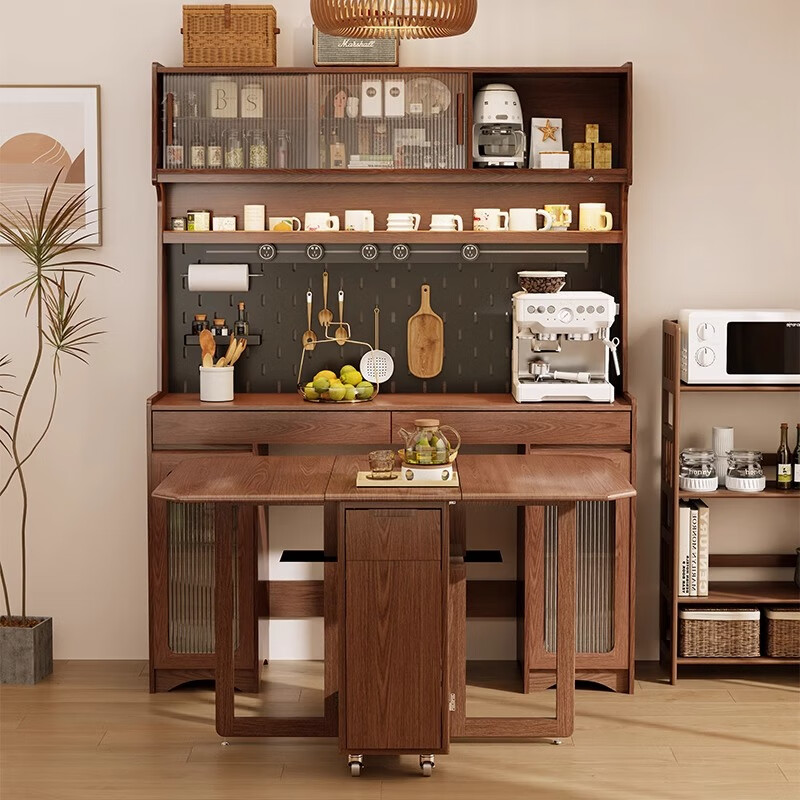 Xiyin light luxury solid wood sideboard dining table integrated wall storage cabinet storage storage cabinet kitchen with folding dining table furniture 1.5m sideboard-walnut color