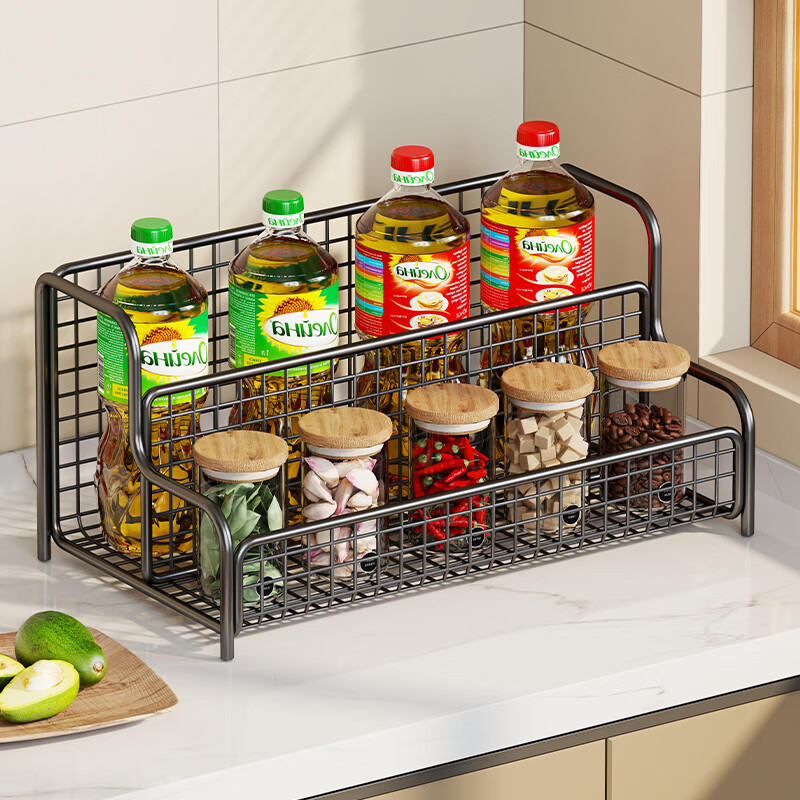 All for the kitchen spice rack countertop multifunctional household spice rack salt seasoning box jar multi-layer storage shelf elegant black two-layer large size shipped in one