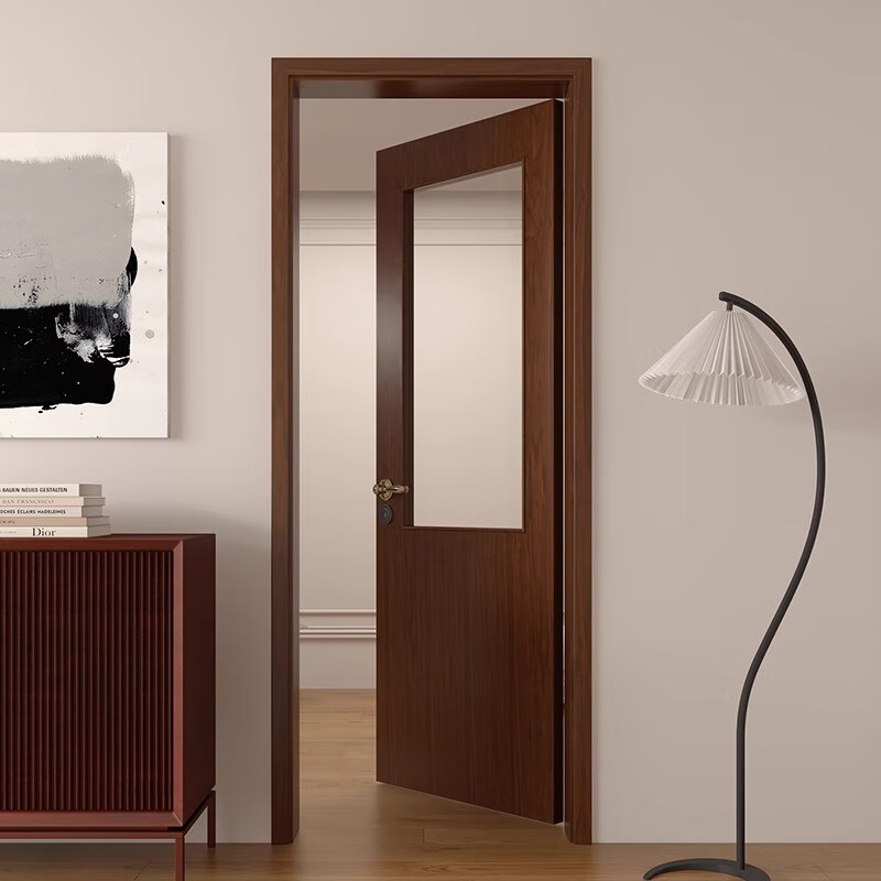 Customized retro style bathroom door walnut color door French glass kitchen door log air door solid wood bedroom door Thai white oak paint walnut wood veneer
