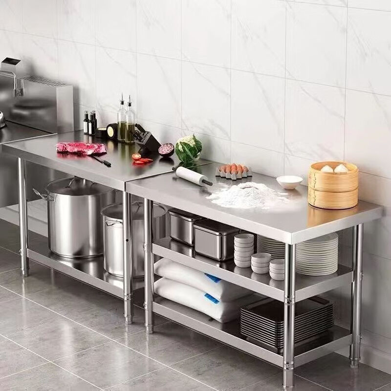 Thickened stainless steel workbench, kitchen workbench, multifunctional vegetable cutting table, commercial customizable loading table, packing table, double layer (without density board), length 100*width 70*height 80cm