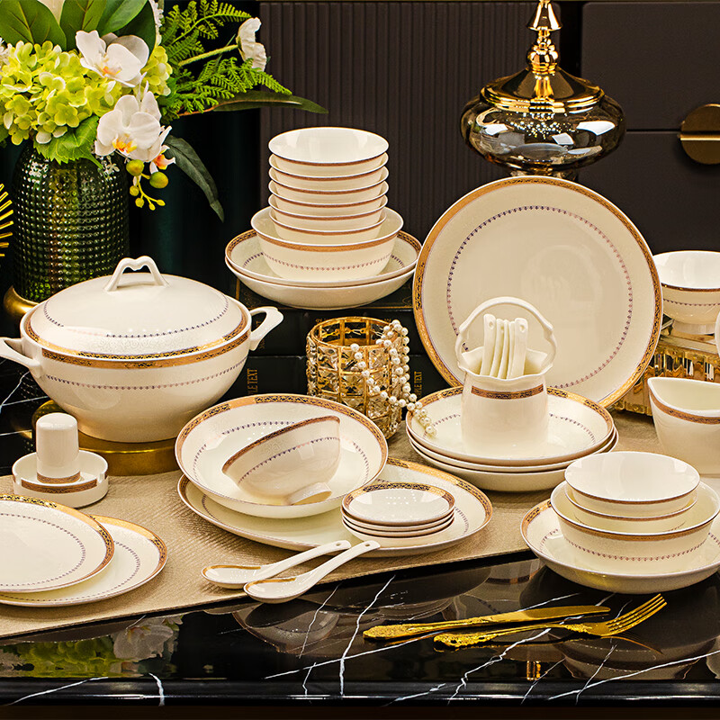 Wuzhili European-style Jingdezhen bone china tableware set, light luxury and high-end, complete set of ceramic bowls, plates, chopsticks, housewarming gift, with pot, high temperature, non-fading, gift box, 40 pieces