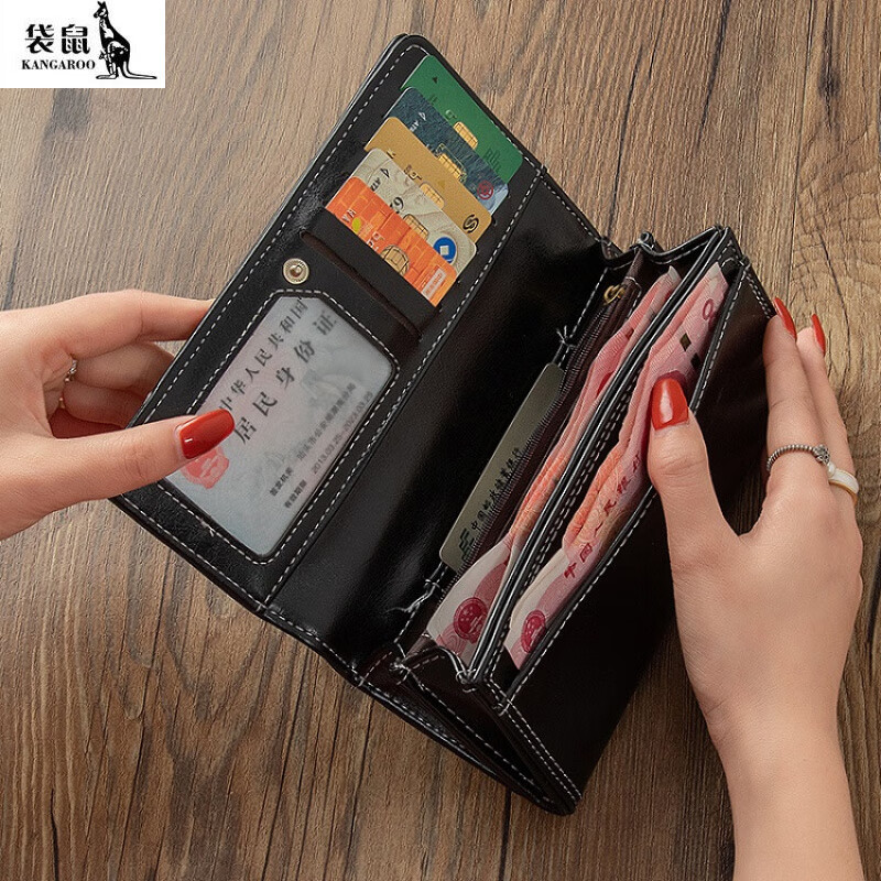 Kangaroo 2025 new wallet women's long style new Korean version simple retro large capacity multi-functional versatile folding wallet hand yellow brown