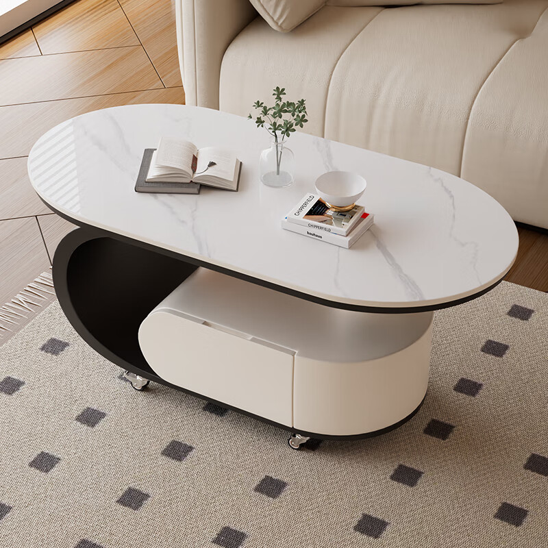 Small style coffee table for living room, small-sized coffee table for living room, light luxury and high-end living room, simple removable cream style side table, black and white coffee table + snow mountain white desktop 100*50*45