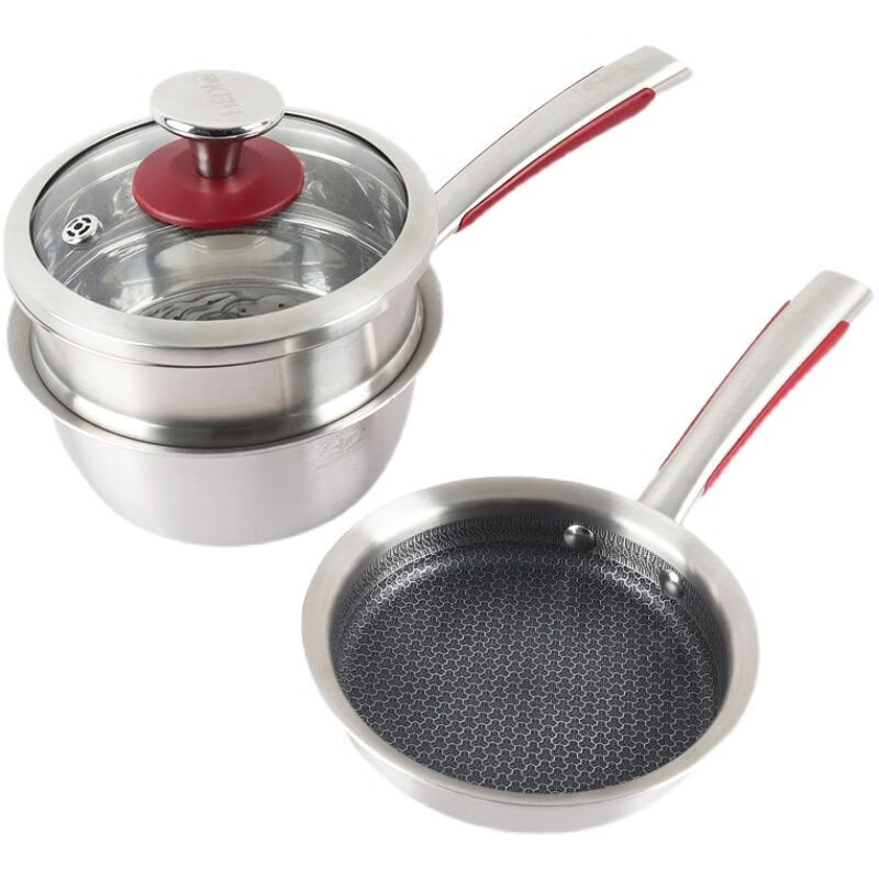 Combach three-piece set of pots and pans for baby and children, steaming and frying all-in-one 316L stainless steel milk pot and snow pan Combach three-piece set for food pans