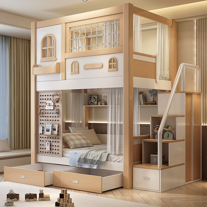 Lukashi children's bed solid wood bunk bed high and low bed for boys and girls bunk bunk bunk bed princess bed noble American style high and low bed + ladder cabinet + 2 mattresses 1.5*1.9 meters (upper and lower same width)