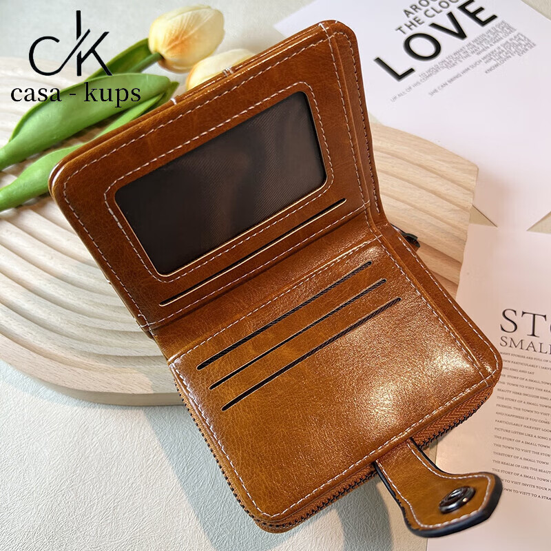 Casa-kupsCK women's bag light luxury simple women's bag retro oil wax leather zipper short wallet exquisite high-end large capacity brown