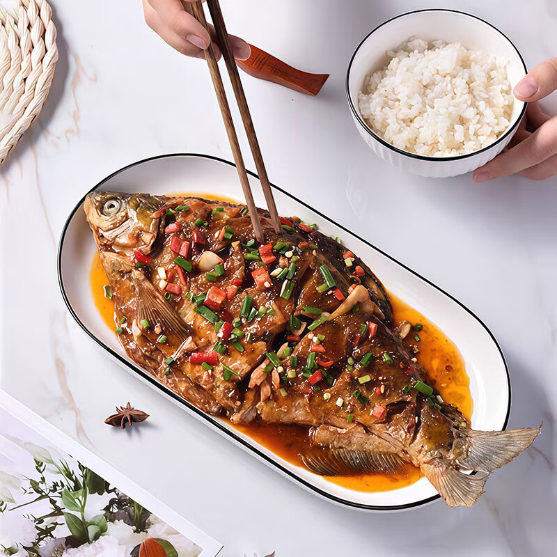 Jiwu Forest Fish Plate Chinese Ceramic Tableware Set White Porcelain Plate Home Steak Plate Western Plate Dumpling Plate Meal 12 inches