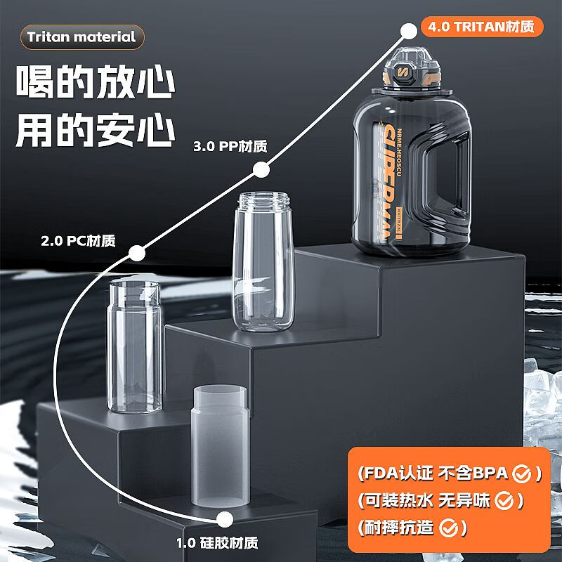 KuChong (KUSECT) German Sports Water Cup Large Capacity High Temperature Resistant Boys Large Fitness Water Bottle Tea Water Separating Ton Bucket Ink Dyeed Black Telescopic Straw/Fall-resistant and Explosion-proof/Including Straps 2600ml Collect and Deliver First