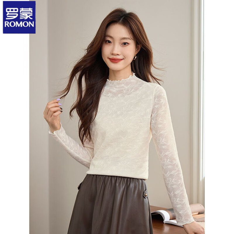 Luo Meng light Chinese lace bottoming shirt half turtleneck T-shirt 2025 spring and autumn new long-sleeved inner slim shirt top Crescent color M (recommended 85-100 pounds)