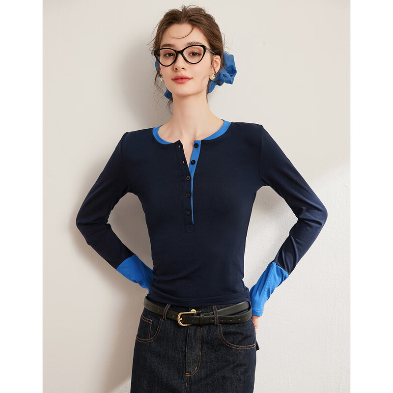 Bailuyu Contrast Color Splicing Half Placket T-shirt Autumn New Simple Slim Fit Long Sleeve Top Women Navy Blue M