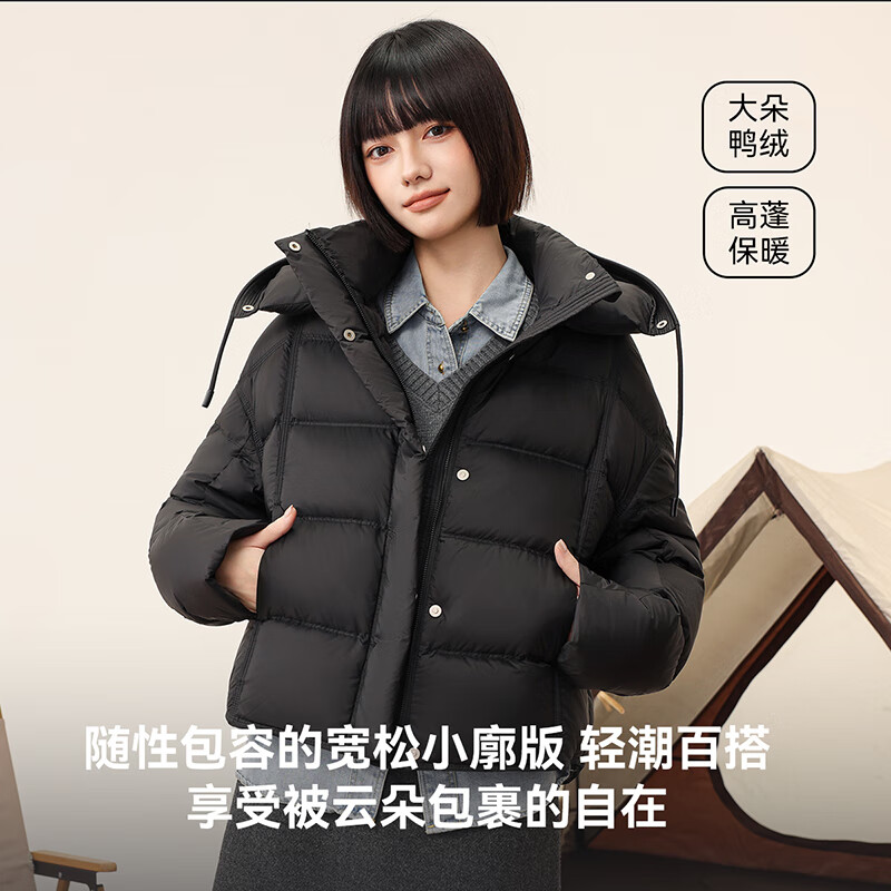 SNOWFLYING Women's Down Jacket 2025 Winter Puff Hooded Turtle Back Warm Bread Jacket Black M