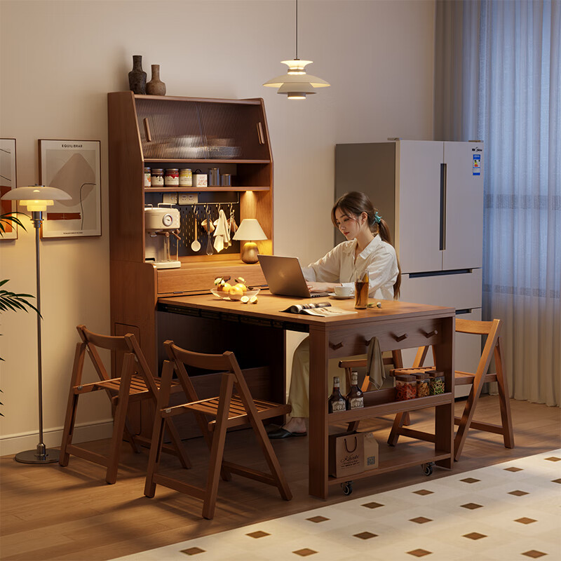 Winter wood solid wood sideboard and dining table integrated home small apartment wall-mounted living room storage cabinet retractable folding island dining table sideboard and dining table integrated-walnut color bull socket