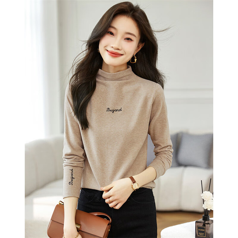 Shangjing Korean style trendy bottoming shirt winter letter embroidery simple stand-up collar top