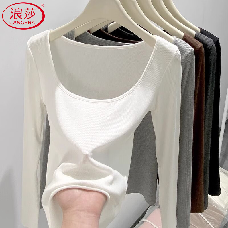Langsha threaded bottoming shirt for women autumn 2025 new large U-neck long-sleeved T-shirt simple and versatile slim fit top