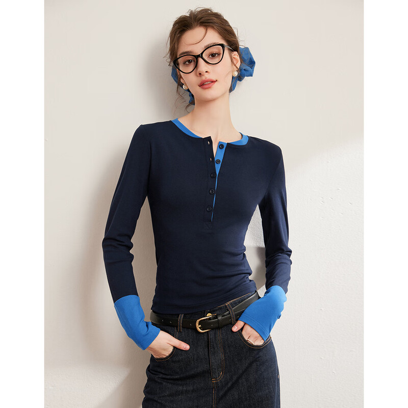 Bailuyu Contrast Color Splicing Half Placket T-shirt Autumn New Simple Slim Fit Long Sleeve Top Women Navy Blue M