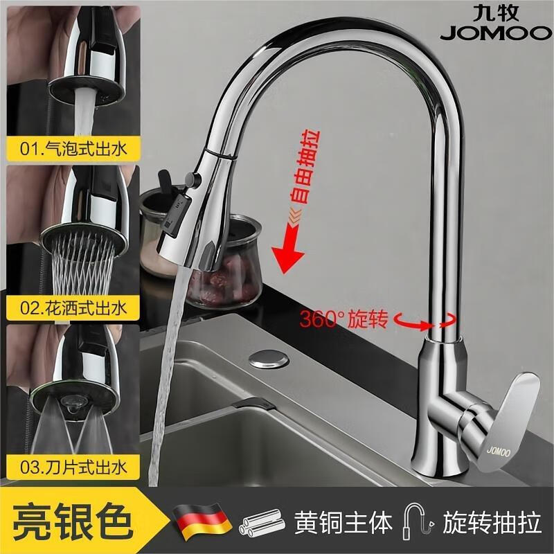 JOMOO hot and cold all-copper faucets for home kitchen pull-out sinks for washing dishes, rotatable splash-proof sinks, laundry pools, small waist, three-outlet water gun, gray