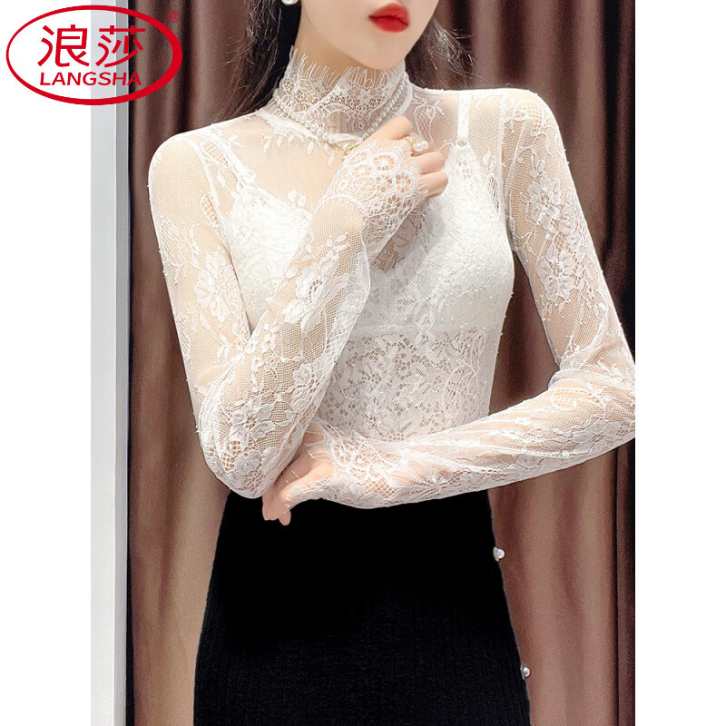 LangSha Half Turtle Collar Eyelash Lace Bottoming Top for Women Autumn and Winter 2025 Western Style Inside Black Tulle Clothes Hollow Mesh Top White L