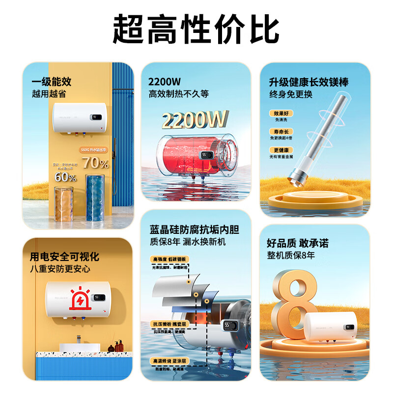 Meiling electric water heater 60 liters replacement-free magnesium rod government subsidy 20% first-class energy efficiency household energy-saving storage water heater 2200W fast heating computer digital display warranty 8 years 560G