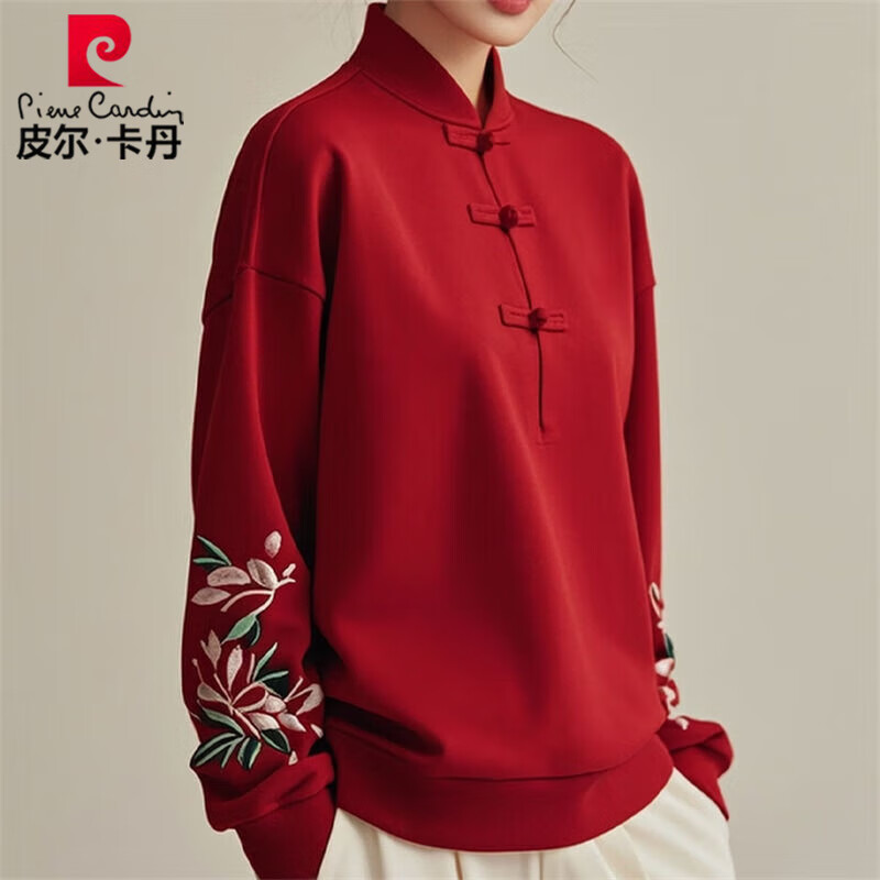 Pierka Dandelong New Chinese Style Embroidered Stand Collar Sweater Women's Autumn and Winter New Ancora Red National Style Disk Button Warm Long Sleeve Top W832 Red German Velvet Warm 2XL Recommended 130-150 catties