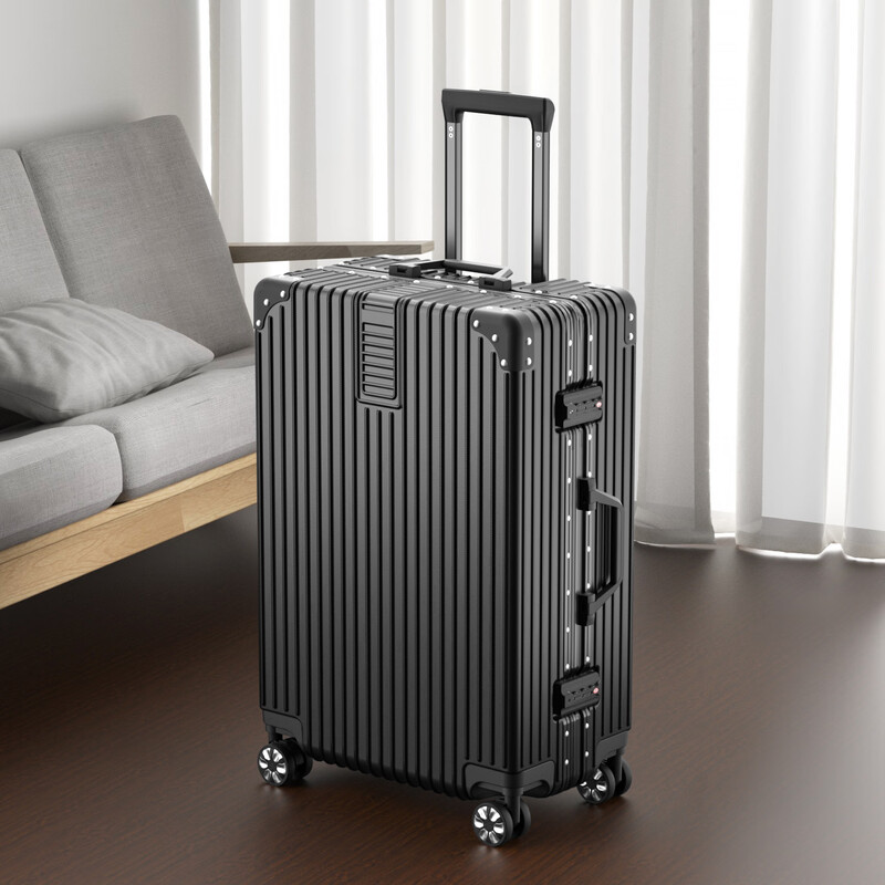 Pull-back suitcase, thickened aluminum frame, durable suitcase, universal wheels, boardable suitcase, large-capacity password box, retro scratch-resistant aluminum frame - noble black 24 inches (medium and long-distance travel)