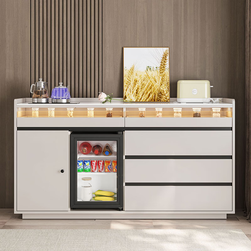 Jingjiangshu tea bar machine with refrigerator integrated cabinet smart ice bar cabinet 2025 new home dining side cabinet small disinfection cabinet gray solid wood tea bar machine 1.6 meters long with ice bar thermostatic kettle 2-3 doors