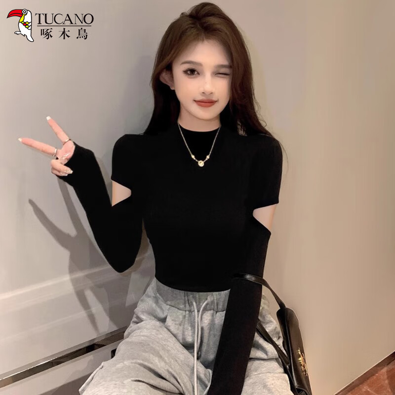 Woodpecker small turtleneck long-sleeved T-shirt for women in autumn with hollow design knitted slim-fitting bottoming shirt top, black L