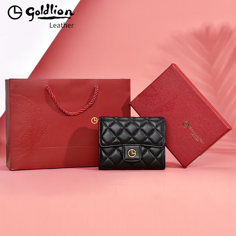 Goldlion Genuine Leather Women's Wallet Women's Light Luxury Short Wallet High-end Brand Wallet 2025 New Girl's Cowhide Ticket Holder Officially Authorized One Count for Fake and Ten Penalty Exquisite Gift Box