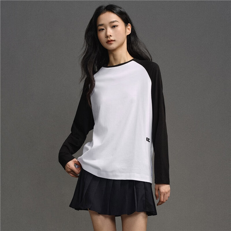 GIORDANO CONCEPTS 2025 autumn and winter new long-sleeved T-shirt women's pure cotton embroidered contrasting raglan loose round neck top 12325016