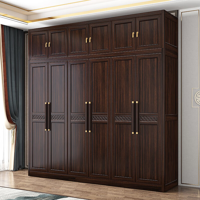 Fanyi Wardrobe New Chinese Style Black Gold Wood Wardrobe Bedroom Cabinet Solid Wood Wardrobe Storage Cabinet Wardrobe Combination Furniture Six Door Wardrobe (With Center Drawer) + Top Cabinet + Side Cabinet Black Gold Wood