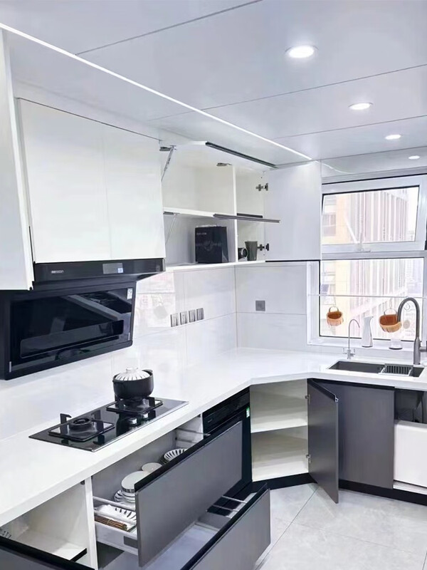 Integrated cabinets, whole house custom style quartz stone countertops, Bunny Soundar pet Eiger plate customization, cabinet door PET white + cabinet ecological board + countertop quartz 1 meter