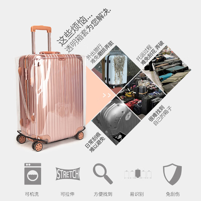 JCZS German brand thickened suitcase protective cover transparent travel trolley cover waterproof, dustproof, scratch-proof and wear-resistant 2024 thickened transparent edging 22-inch checked/anti-scratch