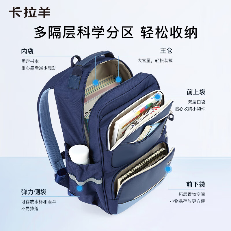 Kara Sheep Junior High School School Bag Large Capacity Five-Dimensional Burden-Reducing Anti-Falling Primary School Students Grade 4-6 Men's and Women's Stress Reducing Backpack
