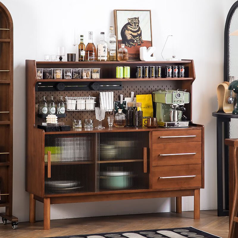 Fu Zhen solid wood sideboard Nordic all-in-one storage wall living room wine cabinet tea multi-function storage cabinet with electric rail 80cm+ hole board style medium antique color