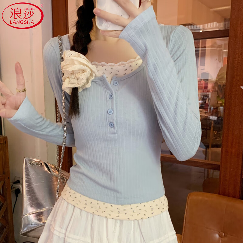 Langsha Floral Fake Two Piece Bottoming Shirt Women's Long Sleeve 2025 Autumn New Style Slim Fit Pure Sexy Hot Girl Lace Top
