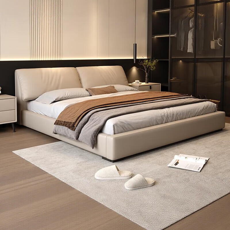 Duofei Kingdom Leather Bed Light Luxurious Minimalist Elephant Ear Bed 1.8m 2m Double Bed with Built-in Storage Master Bedroom King Bed F2506 Frame Leather Bed + 2 Cabinets + 5D Lavender Mattress 1.8*2m S Grade First Layer Cowhide 9D Full Bed