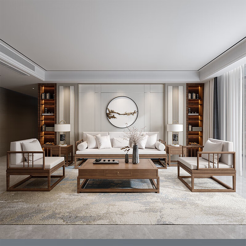 Jigi Song Dynasty aesthetic all solid wood sofa living room lobby villa Zen light luxury new Chinese style modular furniture whole house set single seat*2+double seat+three person seat+coffee table