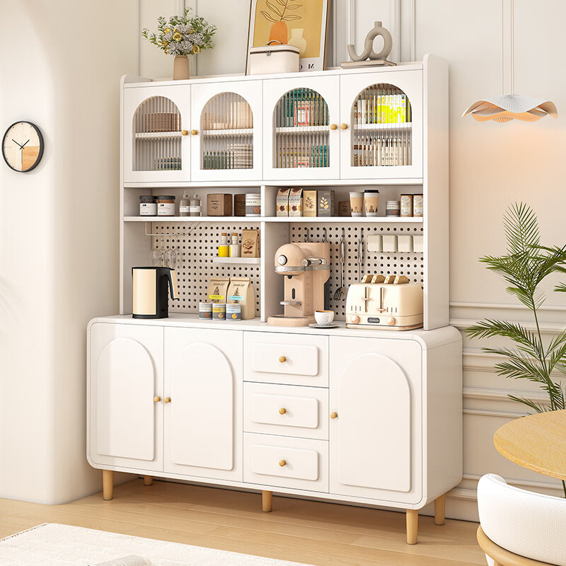 Kongjiang Cream Style Solid Wood Sideboard Integrated Wall Cabinet Living Room Multifunctional Storage Cabinet Perforated Panel Tea Cabinet Wine Cabinet 60*40*190 Creamy White/Embossed Door (Delivered in Home)