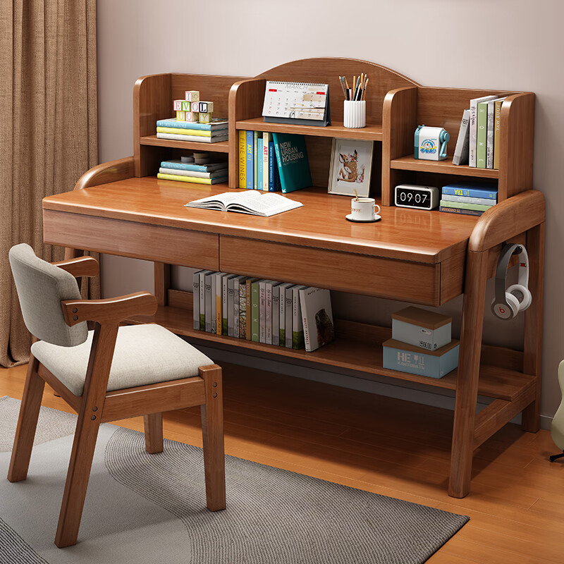 YIBOL solid wood children's study table for primary and secondary school students, home bookshelf integrated table for bedroom, liftable children's writing desk and chair, walnut color single table, imported solid wood, length 80*width 60*height 113cm