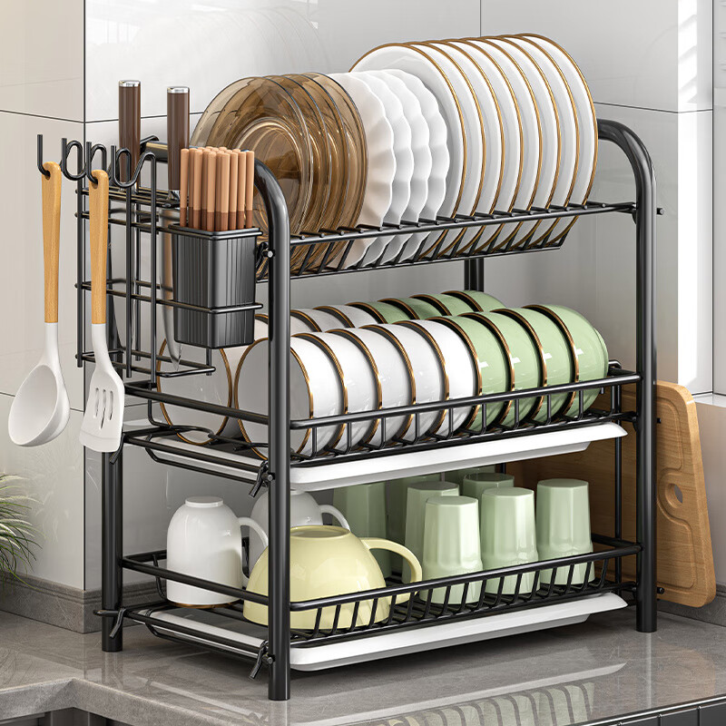 Shijanu kitchen dish storage rack drain rack household multi-functional bowl and chopsticks storage box basic model double layer 43cm thickened carbon steel + connection