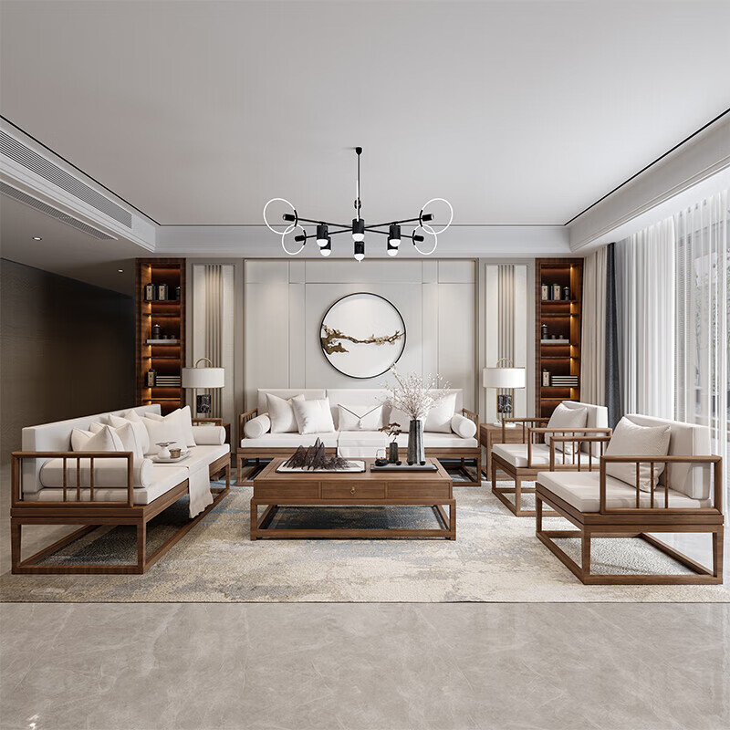 Jigi Song Dynasty aesthetic all solid wood sofa living room lobby villa Zen light luxury new Chinese style modular furniture whole house set single seat*2+double seat+three person seat+coffee table