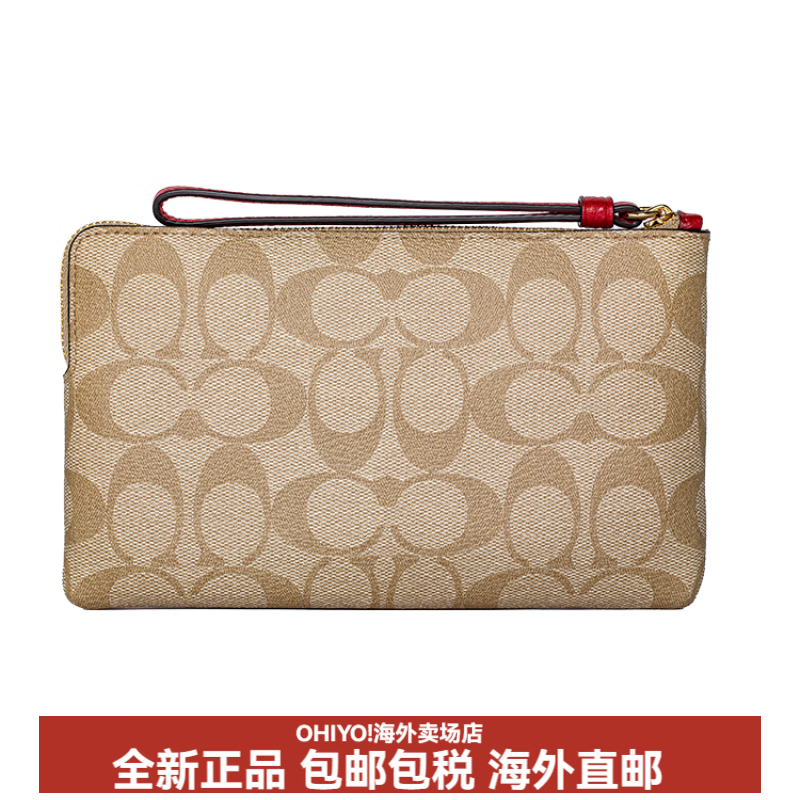COACH CornerZip canvas and leather coin purse Mahjong bag wrist bag clutch bag women's beige/brown basic outfit (bag + dust bag)