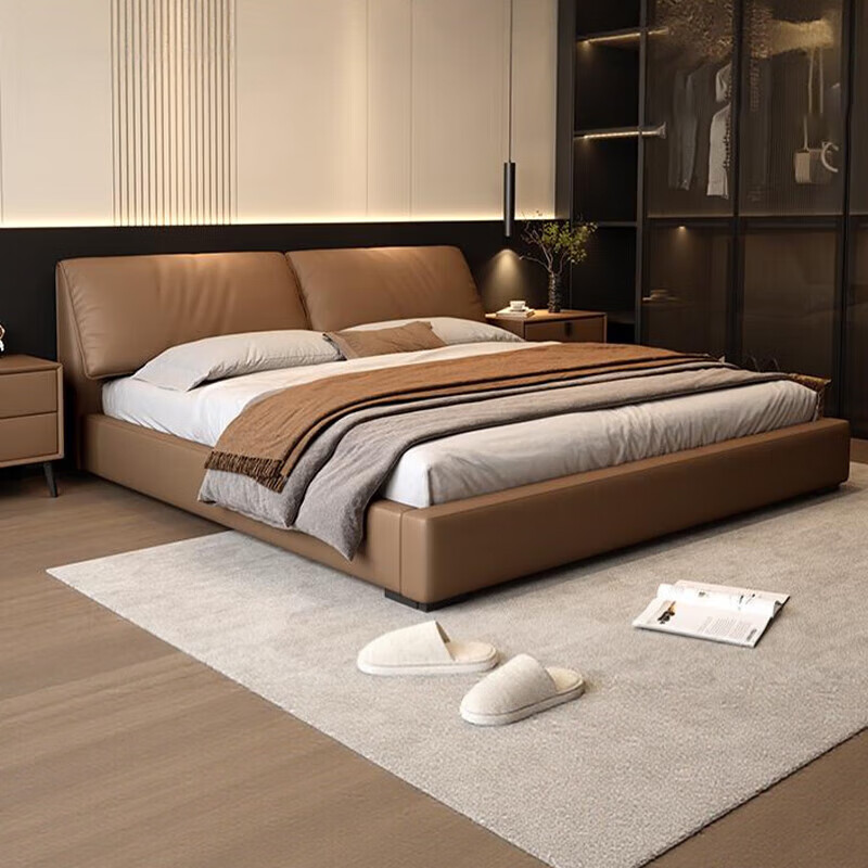 Duofei Kingdom Leather Bed Light Luxurious Minimalist Elephant Ear Bed 1.8m 2m Double Bed with Built-in Storage Master Bedroom King Bed F2506 Frame Leather Bed + 2 Cabinets + 5D Lavender Mattress 1.8*2m S Grade First Layer Cowhide 9D Full Bed