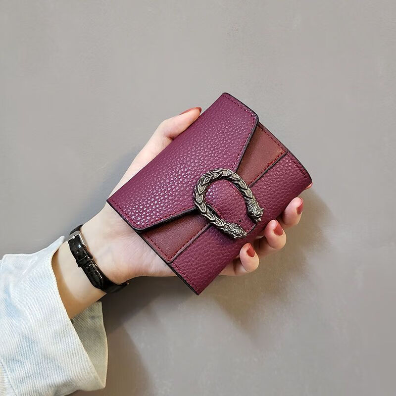 Casa-kupsCKins new European and American solid color Bacchus women's wallet women's short three-fold small wallet women's coin purse card bag leather green (solid color)