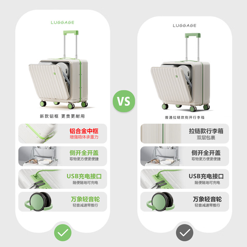 Yi travel suitcase can be carried on the plane, aluminum frame trolley case, small travel code box, side-opening suitcase, high-looking boarding case for women, gray, aluminum frame reinforced model - load capacity 200 kilograms, 20 inches (USB + mobile phone holder + cup holder)