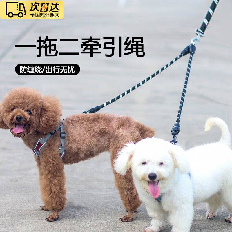 Star rudder dog leash, one for two, double-head anti-winding, detachable two-dog multi-dog leash, Teddy Golden Retriever double-head leash--black*170cm
