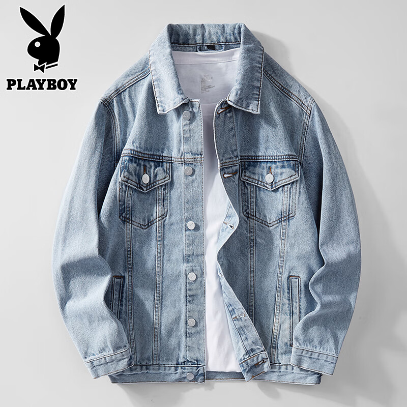 Playboy (PLAYBOY) Denim Jacket Men's Spring and Autumn 2025 New Youth Work Jacket Hong Kong Style Casual Top Light Blue XL