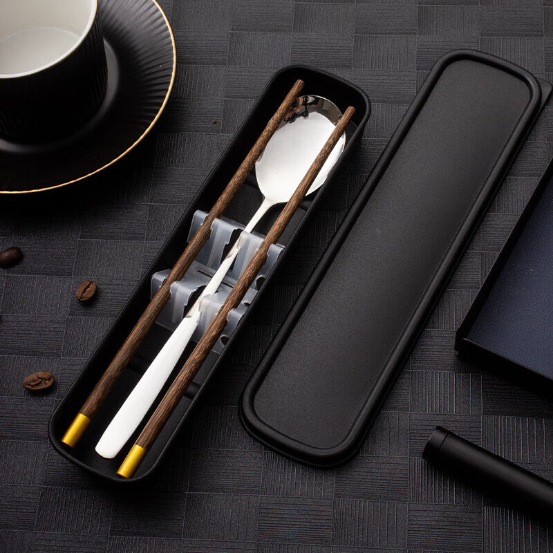 Jiaqi Portable Tableware Chopsticks Spoon Set Student Office Worker Tableware Box Portable Chopsticks Spoon Fork Silver Style - Wooden Chopsticks + Spoon Comes with Box